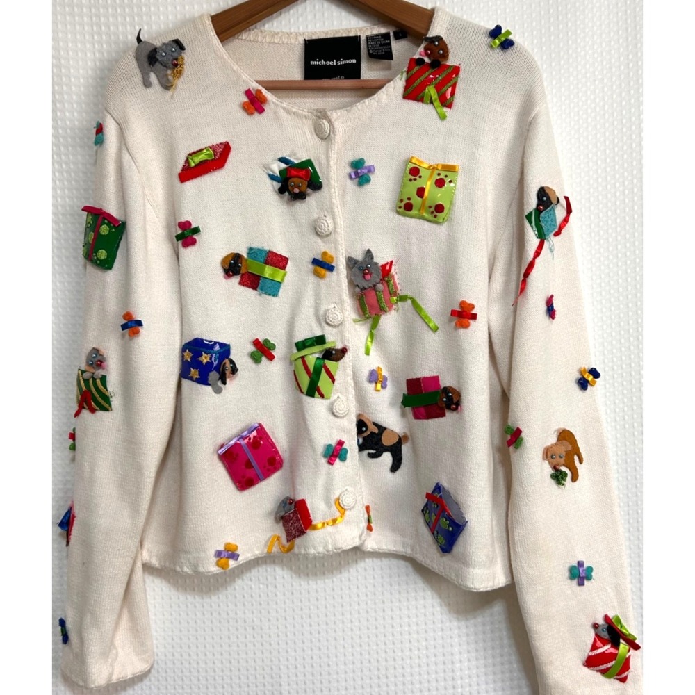 Vtg Michael Simon NY Women Size L Christmas Ugly Cats Dog Bone Cardigan Sweater
